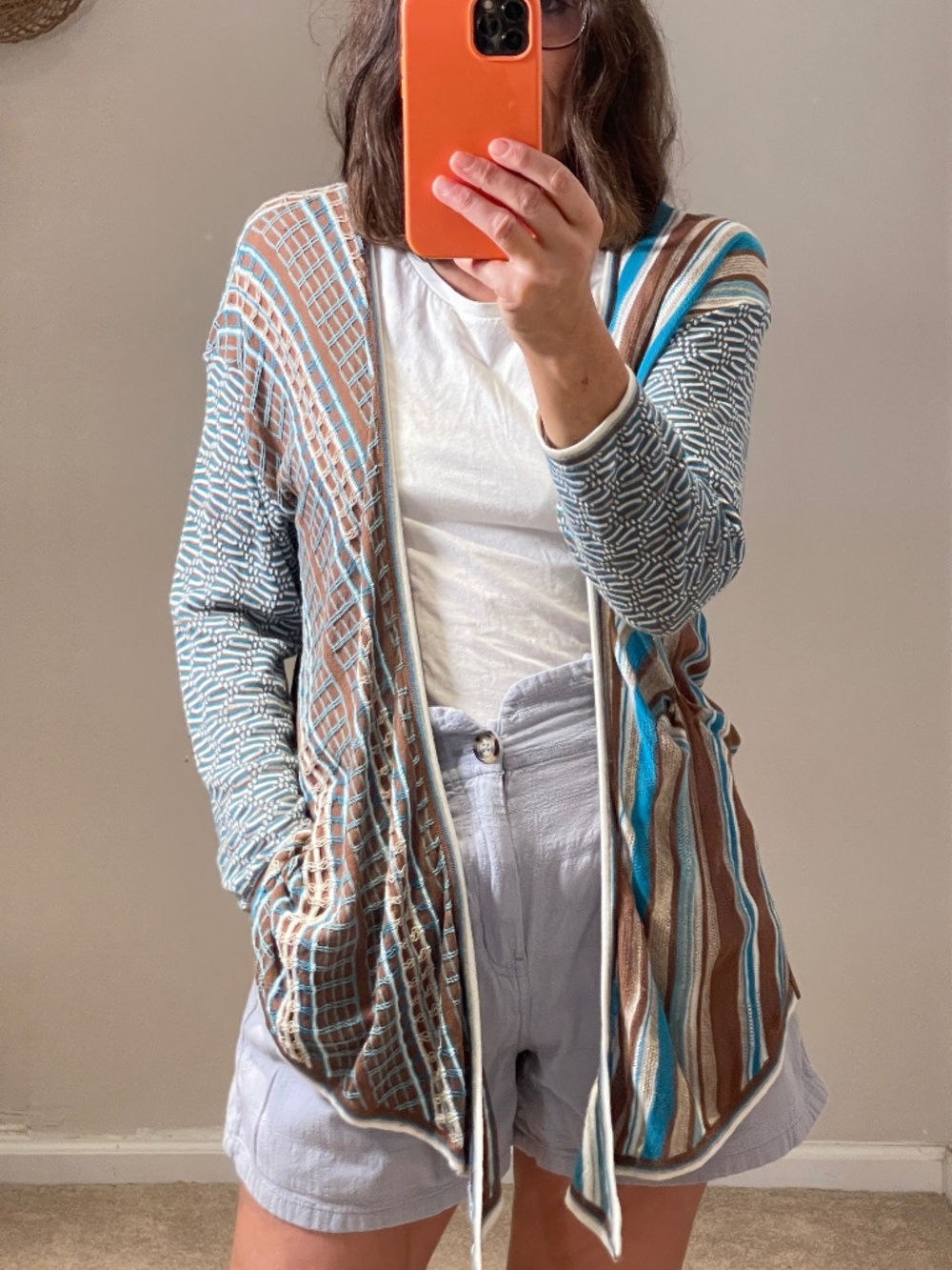 Nic + Zoe crochet turquoise brown ligth cardigan M